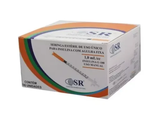 Caixa Seringa SR descartável de insulina c/agulha 6mm x 0,25mm – 1,0ml (C/100U)